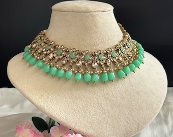 Antikes Gold Halskette Set mit Chandbali Ohrringe, Polki Halskette, Mintgrün Halskette, Polki Ohrringe, Handgemachter Indischer Schmuck