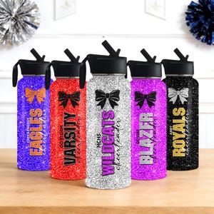 Custom Cheerleader Water Bottle with Name, Personalized Glitter Team Bow Stainless Steel