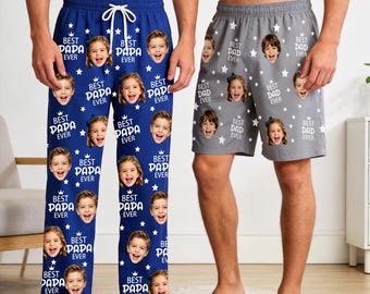 Custom Face Pajama Pants, Personalized Dad Lounge Shorts, Photo Gift for Husband Grandpa