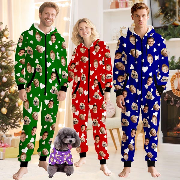Personalized Family Photo Pajamas: Custom Face Zipper One-Piece Pajamas
