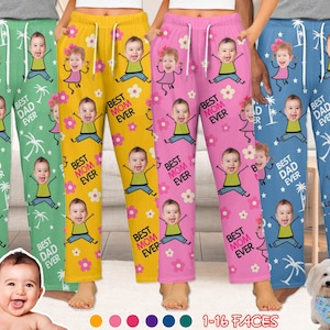 May include: Four pairs of colorful pajama pants with a variety of faces printed on them. The pants have the text "Best Dad Ever" and "Best Mom Ever" printed on them.