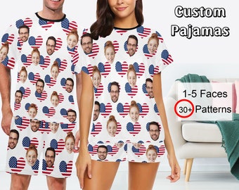 Custom American Flag Women Men short Sleeve Pajama Set, Personalized Women's Pajamas, Custom Short Pajama Set, Custom Pajamas with face