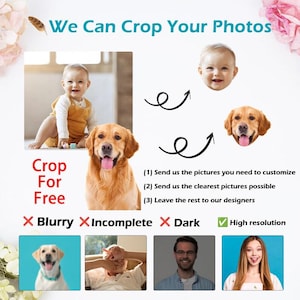 K&ouml;nnte beinhalten: Eine Anleitungsgrafik mit dem Titel We Can Crop Your Photos, die ein Baby und einen Golden Retriever zeigt, mit Beispielen f&uuml;r zugeschnittene Gesichter, Pfeilen und Textanweisungen zum Einreichen hochaufl&ouml;sender Bilder f&uuml;r individuelle Fotobearbeitung.