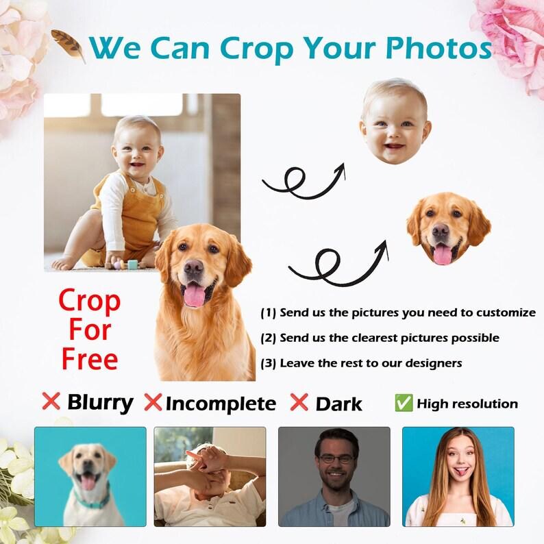 K&ouml;nnte beinhalten: Eine Anleitungsgrafik mit dem Titel We Can Crop Your Photos, die ein Baby und einen Golden Retriever zeigt, mit Beispielen f&uuml;r zugeschnittene Gesichter, Pfeilen und Textanweisungen zum Einreichen hochaufl&ouml;sender Bilder f&uuml;r individuelle Fotobearbeitung.
