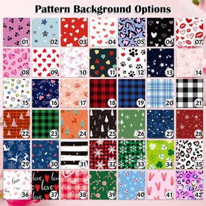 K&ouml;nnte beinhalten: Ein Raster aus 42 quadratischen Mustern, nummeriert von 01 bis 42, unter der &Uuml;berschrift Pattern Background Options. Die Designs umfassen Herzen, Sterne, Karomuster, Tierdrucke, weihnachtliche Motive und geometrische Formen in vielen Farben.