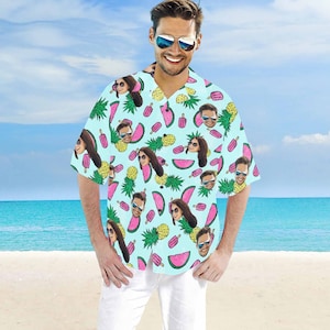 Personalized Photo Hawaiian Shirt, Custom Aloha Face Hawaiian Set for Men Boyfriend Gift, Tropical Flower Hawaiian Trunk, Pineapple Flamingo