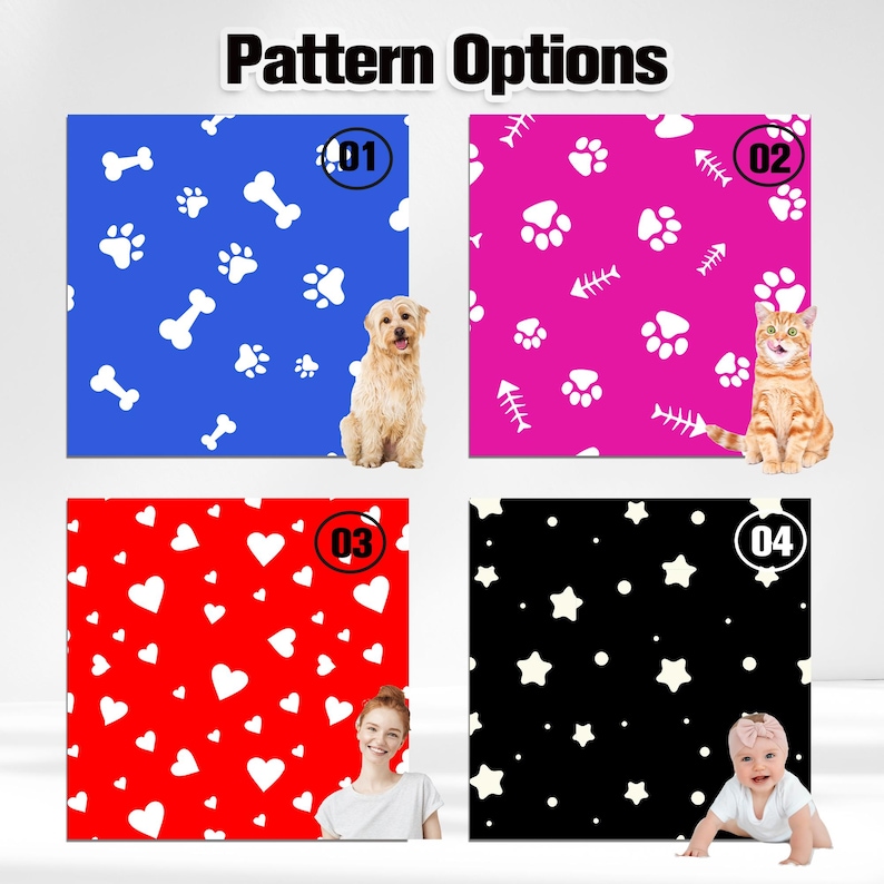 K&ouml;nnte beinhalten: Ein Raster aus vier Musteroptionen mit der &Uuml;berschrift Pattern Options. Option 01 ist blau mit wei&szlig;en Knochen und Pfotenabdr&uuml;cken und einem Hund. Option 02 ist pink mit wei&szlig;en Pfotenabdr&uuml;cken und Fischgr&auml;ten und einer Katze. Option 03 ist rot mit wei&szlig;en Herzen. Option 04 ist schwarz mit wei&szlig;en Sternen und Punkten und einem Baby.