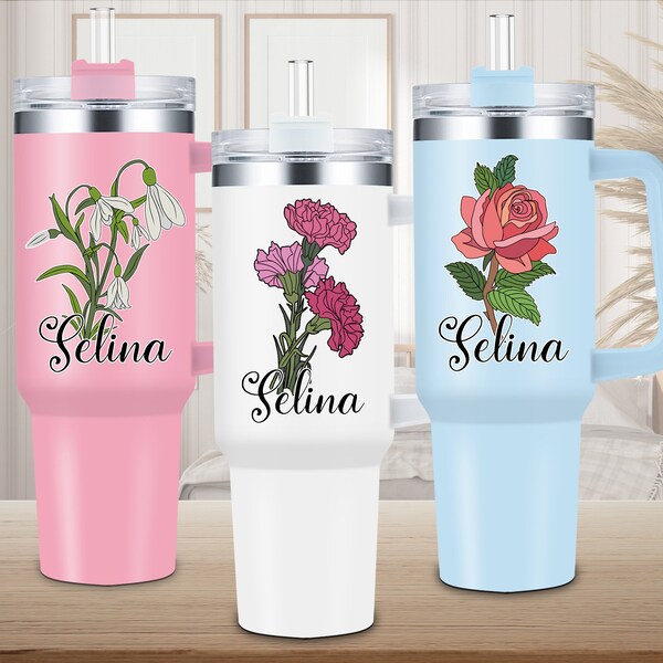 Personalized Birth Flower Tumbler 40oz With Handle,Custom Birth Flower Tumbler,Personalized Birth FlowerCup with Name,Birthday Gifts for Her