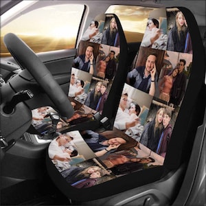 May include: A set of two black car seat covers with a collage of images featuring people in various scenes. The images are in a grid pattern and include a variety of people, including couples, individuals, and groups. The images are in color and are printed on the fabric of the seat covers.