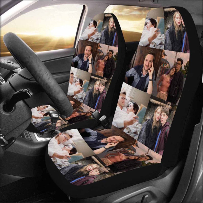 May include: A set of two black car seat covers with a collage of images featuring people in various scenes. The images are in a grid pattern and include a variety of people, including couples, individuals, and groups. The images are in color and are printed on the fabric of the seat covers.