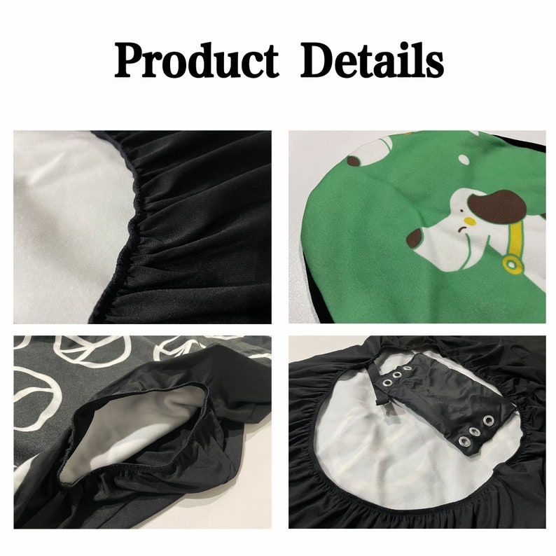 May include: Close-up details of a black and white peace sign patterned chair cover with elastic edging. The cover has a pocket on the back with a zipper closure. The cover also features a green fabric panel with a cartoon dog design.