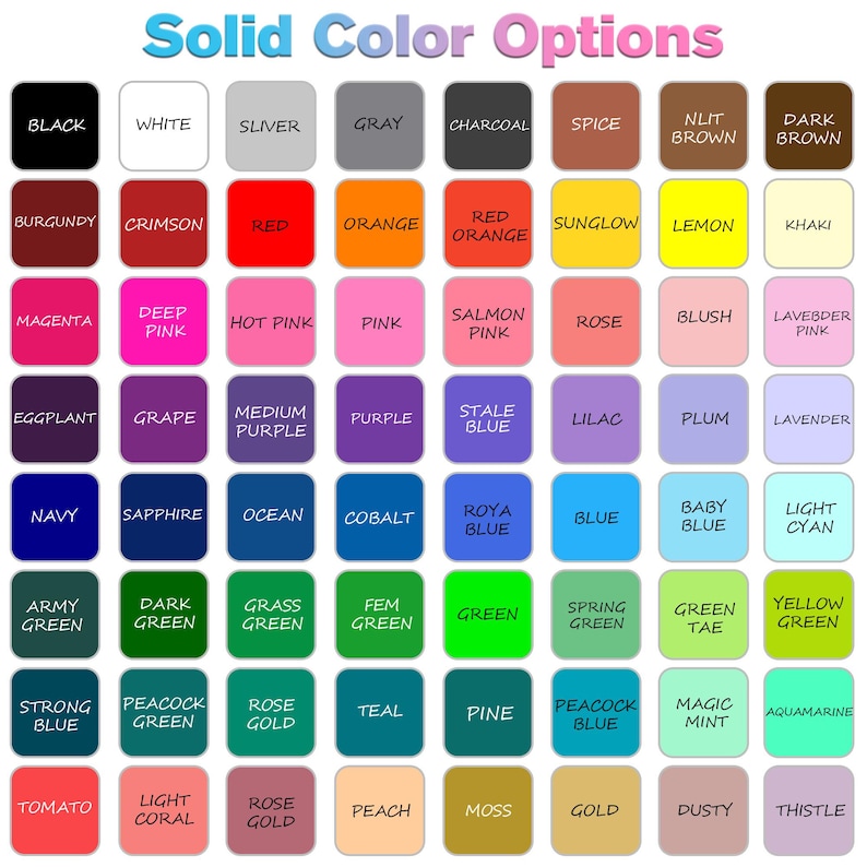 K&ouml;nnte beinhalten: Eine Farbkarte mit dem Titel Solid Color Options, die ein Raster aus vierundsechzig abgerundeten Quadraten zeigt. Jedes Quadrat pr&auml;sentiert eine eigene Farbe und deren Bezeichnung in schwarzer Schrift, darunter T&ouml;ne wie Schwarz, Wei&szlig;, Rot, Orange, Gelb, Pink, Blau und Gr&uuml;n.
