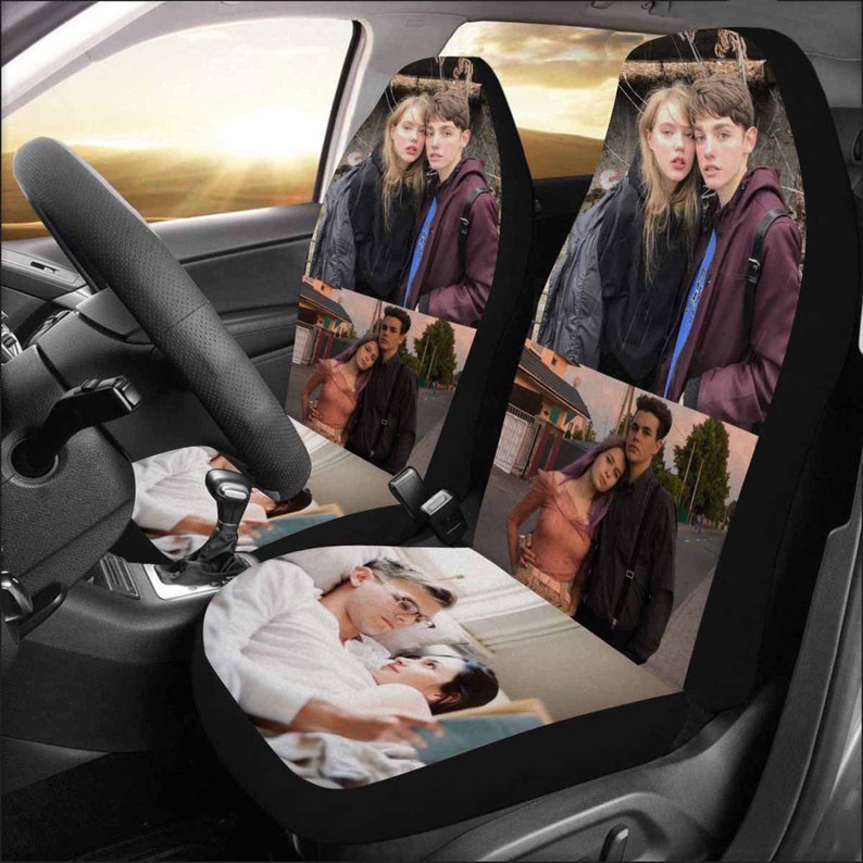 May include: A set of two black car seat covers with colorful images of couples. The images include a couple sitting on a bench, a couple standing in front of a building, and a couple lying down on a bed.