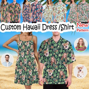 Couple Hawaiian Shirt Dress with Face,Custom All Over Print Swim Trunk,Custom Face Hawaiian Set,Bachelorette Party Beach Wear,Couple Gifts