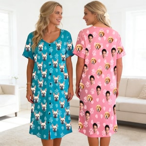 Custom Face & Pet Face Matching Nightgown, Paw Print Heart Pattern Sleepwear