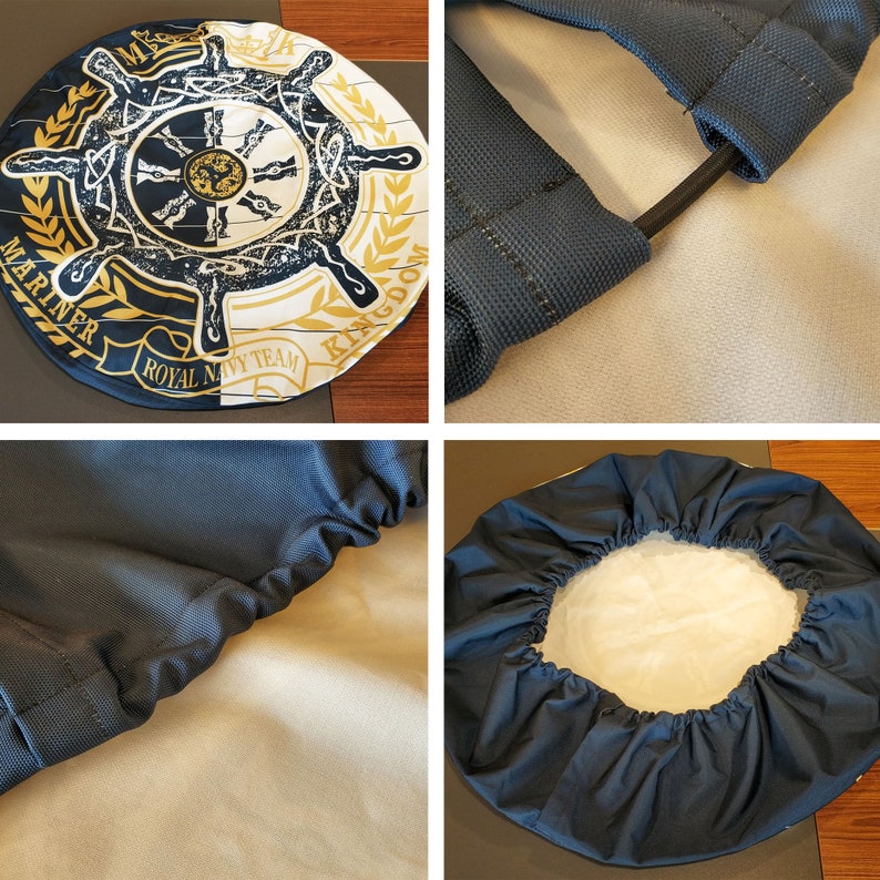 May include: A navy blue steering wheel cover with a white and gold design. The design features a steering wheel with a nautical knot and the words "Mariner Royal Navy Team Kingdom".