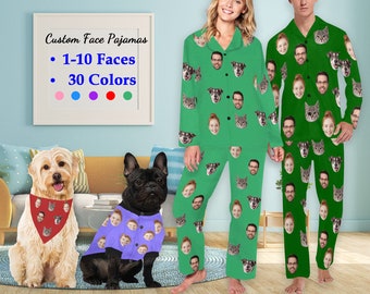 Custom Pajama Pants, Personalized Women's Pajamas, Custom Pajama Set for Christmas, Custom Cat Dog Face Women Men Long Sleeve Pajama Set