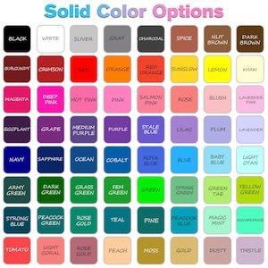 K&ouml;nnte beinhalten: Eine Farbkarte mit dem Titel Solid Color Options, die ein Raster aus vierundsechzig abgerundeten Quadraten zeigt. Jedes Quadrat pr&auml;sentiert eine einzigartige Farbe und den entsprechenden Namen in schwarzem Text, darunter Schwarz, Wei&szlig;, Rot, Blau und Gr&uuml;n.