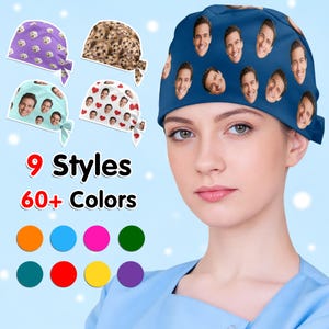 May include: A woman wearing a blue surgical cap with a pattern of smiling faces. The image shows various styles of caps, including those with dog and heart patterns. Text on the image reads "9 Styles" and "60+ Colors", with a color palette below.