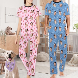 Custom Short Pajama Sets for Men Women, Personalized Dog Face Pajamas, Custom Couple Pajamas  Short Sleeve Pajama Set, Anniversary gift