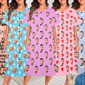 Custom Face Pajama Dress, Personalized Photo Gown, Women&#39;s Polyester House Dress