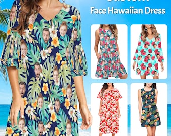 Custom Face Hawaiian Mini Dress: Personalized All Over Print Gauze V-Neck