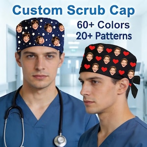 May include: Two custom scrub caps are displayed. One is navy blue with white stars and smiling faces. The other is black with red hearts and smiling faces. Text reads "Custom Scrub Cap" and "60+ Colors 20+ Patterns."