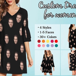 Custom Half Sleeves V-Neck Mini Dress, Customized All Over Print Dress, Personalized Face Hawaiian Dress, Custom Face Dress for Women Girls
