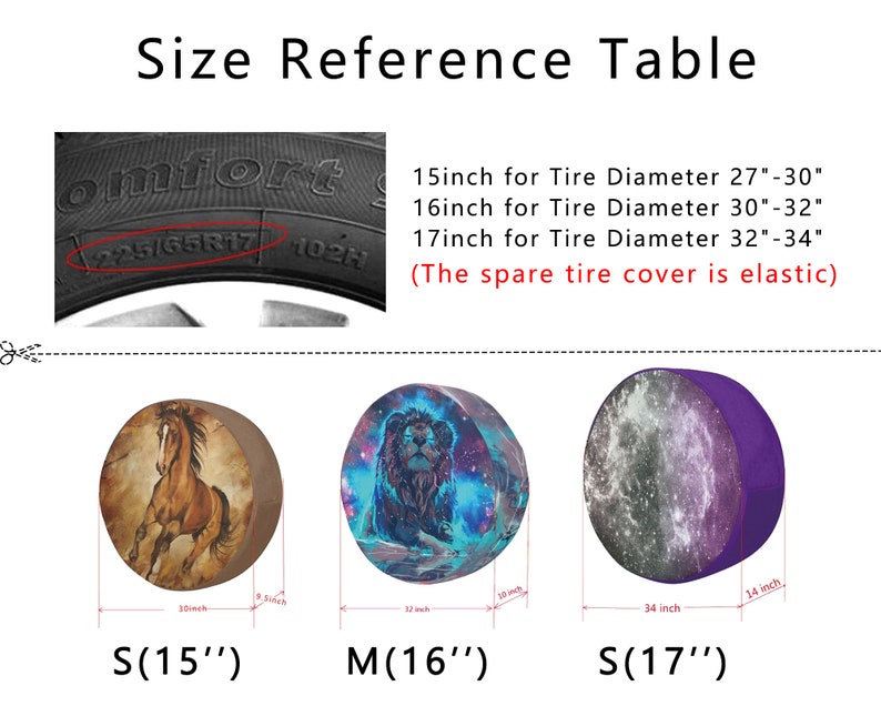 May include: Size reference table for spare tire covers. The table shows three different sizes: S (15 inches), M (16 inches), and S (17 inches). Each size is illustrated with a tire cover featuring a different design. The table also includes the corresponding tire diameter for each size. The text "The spare tire cover is elastic" is included.