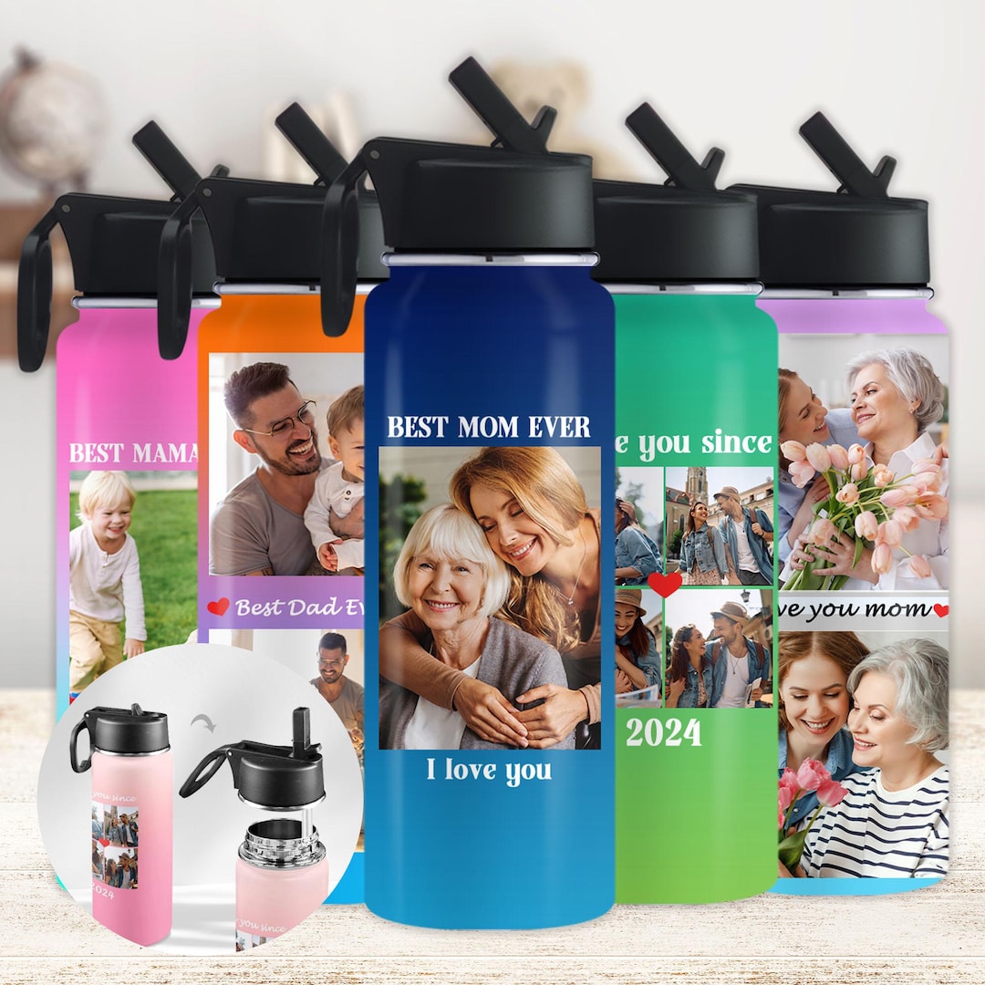 Personalized Photo Water Bottle With Straw: Custom Stainless Steel 18oz ...