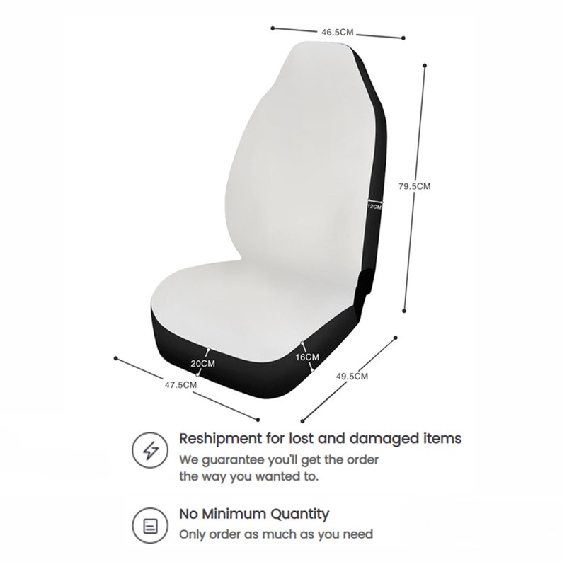 May include: A white car seat cover with black trim. The cover measures 46.5 cm tall, 47.5 cm wide, and 79.5 cm long. Reshipment for lost and damaged items. No minimum quantity.
