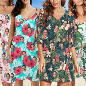 Custom Floral Hawaiian Shirt Dress,Personalized Photo Summer Vacation Dress,Women Dress for Bachelor Party,July 4th Gift for GirlFriend