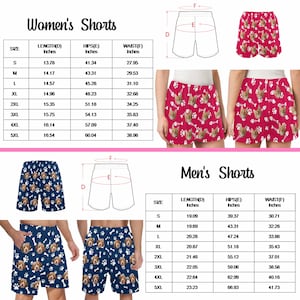 K&ouml;nnte beinhalten: Eine Gr&ouml;&szlig;entabelle f&uuml;r Shorts mit zwei Stilen: rosa Shorts mit Katzenkopf- und Fischgr&auml;tenmuster sowie blaue Shorts mit Hundekopf- und Knochenmuster. Jeder Abschnitt enth&auml;lt eine Tabelle mit L&auml;ngen-, H&uuml;ft- und Taillenma&szlig;en in Zoll.