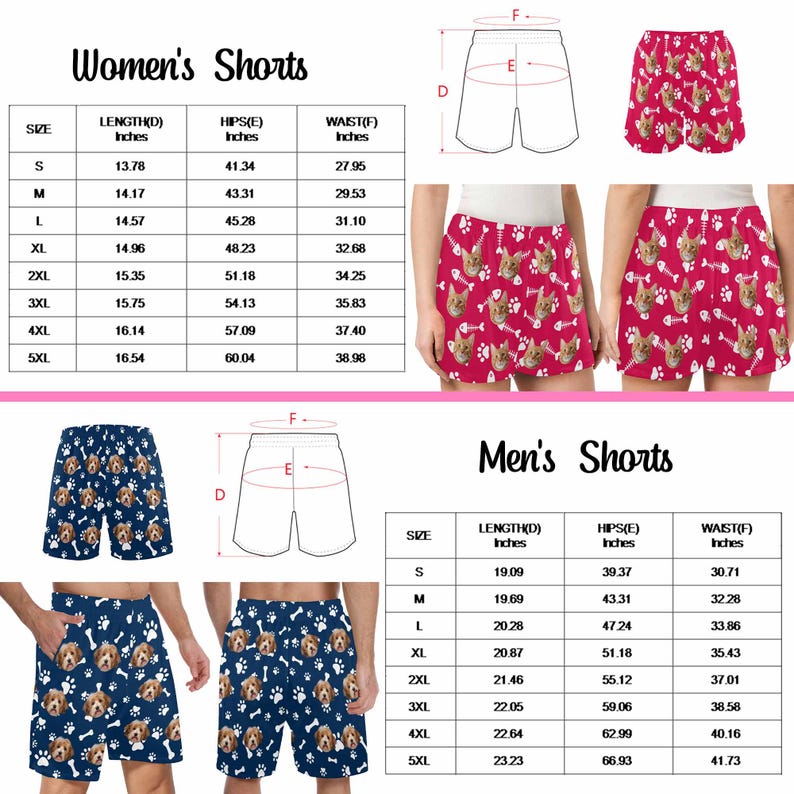 K&ouml;nnte beinhalten: Eine Gr&ouml;&szlig;entabelle f&uuml;r Shorts mit zwei Stilen: rosa Shorts mit Katzenkopf- und Fischgr&auml;tenmuster sowie blaue Shorts mit Hundekopf- und Knochenmuster. Jeder Abschnitt enth&auml;lt eine Tabelle mit L&auml;ngen-, H&uuml;ft- und Taillenma&szlig;en in Zoll.