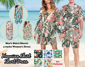 Couple Hawaiian Shirt Shorts Dress with Face, Customized All Over Print Swim Trunk, Custom Face Hawaiian Set, Bachelorette Party Beach Wear