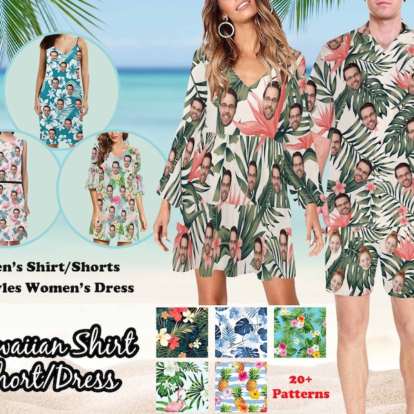 Couple Hawaiian Shirt Shorts Dress with Face, Customized All Over Print Swim Trunk, Custom Face Hawaiian Set, Bachelorette Party Beach Wear