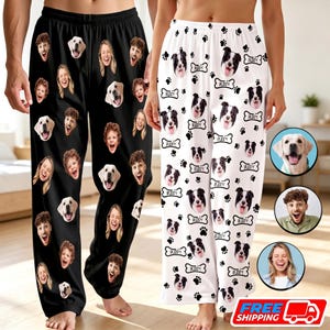 May include: Two pairs of lounge pants. The left pair is black with a repeating pattern of various human faces and dog faces. The right pair is white with a repeating pattern of dog faces, paw prints, and bone shapes with the text "BUDDY" printed on them.