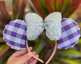 Handmade Theme Park Headband - Purple Palaka Mouse Ears - Silver Sequin Bow – Made in Hawai'i