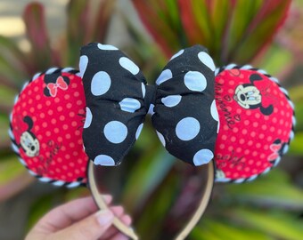 Handmade Theme Park Headband - Minnie Mouse Ears – Black/White Polka Dot Bow - Made in Hawai'i
