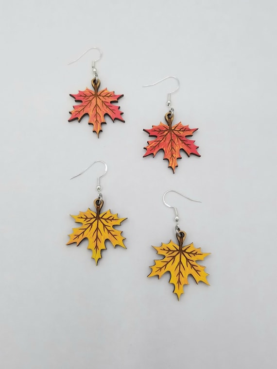 19 Fall Earrings With Leaves, Acorns and Pumpkins 2 Painted Wooden Leaves