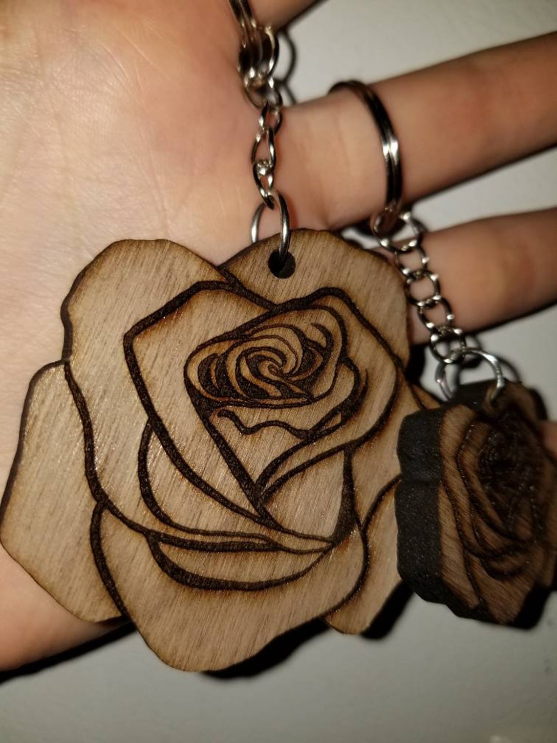 Woodburned Rose Keychain Wooden Rose Key Ring Woodburned Etsy