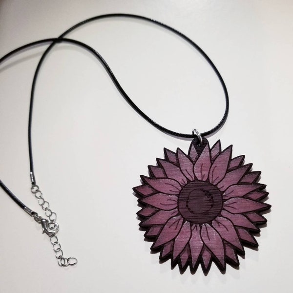 Sunflower Necklace, wooden Necklace, large purple heart necklace, gift for her, Jewelry for women, bobo Jewelry, flower necklace, gift idea
