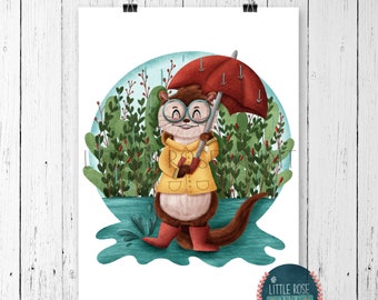 Cute Otter Raincoat Umbrella Wall Print-A4-A5-Funny Art-Punny Art-Children’s Room Illustration-Nursery-Whimsical-Gift Idea