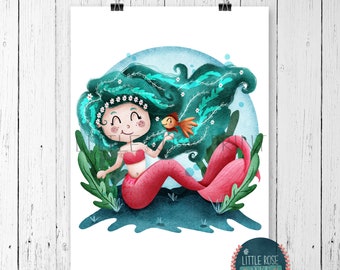 Cute Mermaid Underwater Wall Print-A4-A5-Fun Art-Children’s Room Illustration-Nursery-Whimsical-Gift Idea-Kidlit Art-Children’s Wall Print