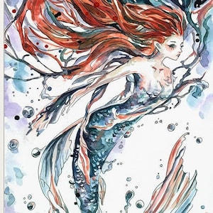 Mermaid - PRINT from the Original Painting, Fantasy Mythical Creature Sketch, Folklore Creepy Gothic Decor