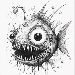 Happy Anglerfish - PRINT From the Original Drawing, Fish Dark Art ...