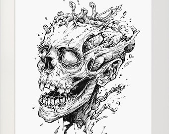 Zombie Skull #1 - PRINT from the Original Ink Drawing, Dark Art, Undead Horror Sketch