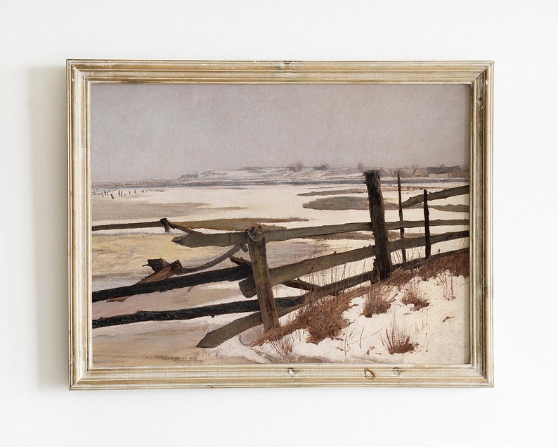 Vintage art Antique Decor INSTANT DOWNLOAD #45 PRINTABLE Winter Field Landscape Painting Wooden Fence Landscape Art