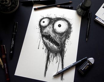 ORIGINAL Creature Drawing - Dark Art, Surrealism Monster Sketch, Horror Gothic Decor, Original Signed Art