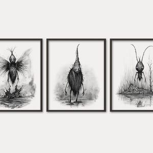 May include: Three black and white illustrations of fantastical creatures. Each creature is depicted standing in a body of water. The first creature is a winged insect with a long, thin body. The second creature is a humanoid figure with a long, pointed head and a furry body. The third creature is a long-legged insect with a large head and a pair of antennae.